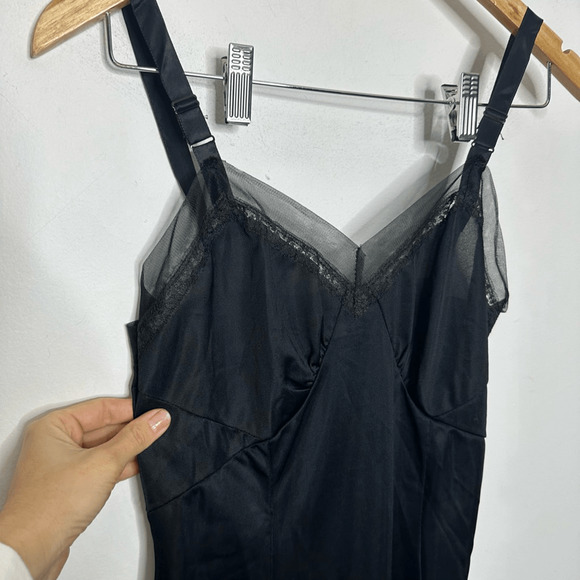 VTG 40s 50s MARVELLE Full SLIP black nylon mesh edges chemise womens size 32 S - Picture 3 of 5